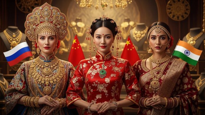 Countries Gold Reserves Data - Illustration of massive gold bars outweighing US Dollar bills on a giant scale inside a high-security bank vault, representing Russia and China increasing gold reserves.