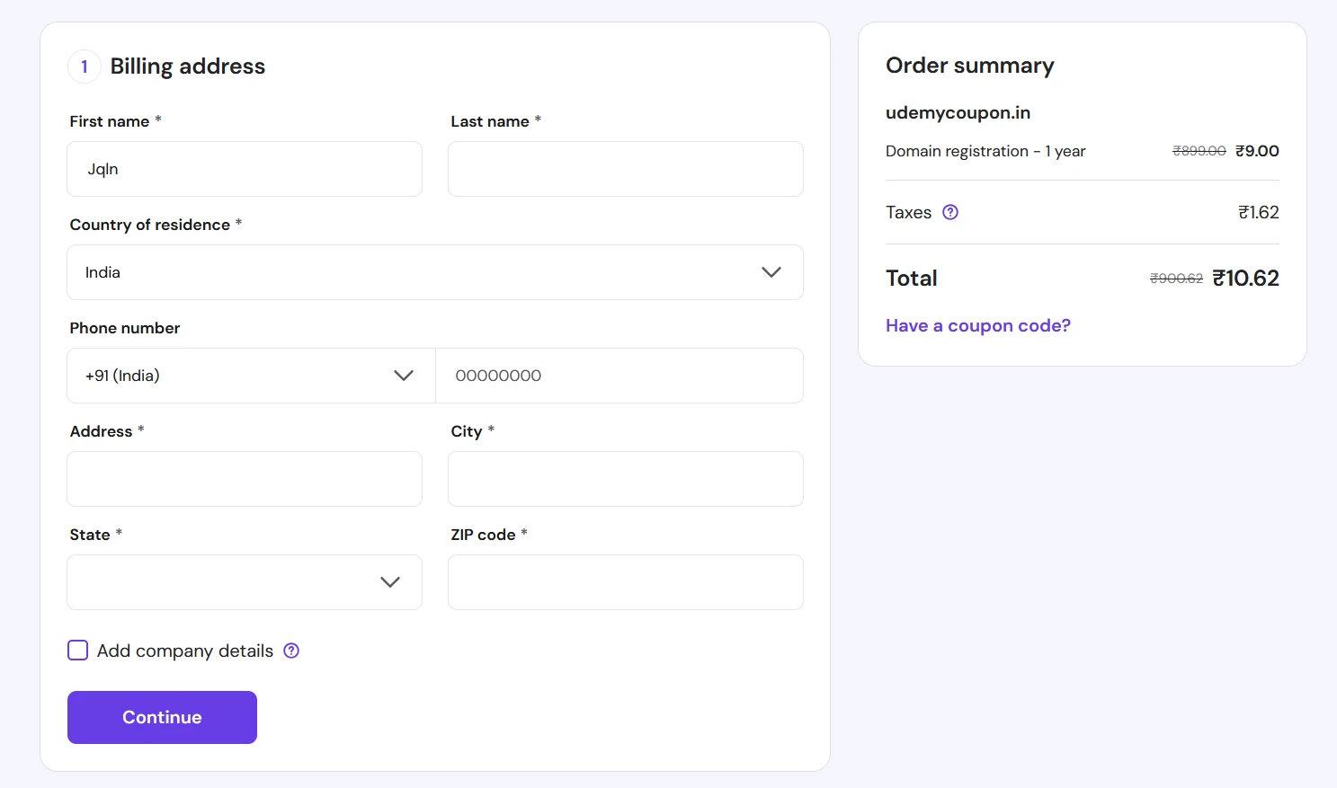 Creating new Hostinger account to access ₹9 .IN domain offer in India