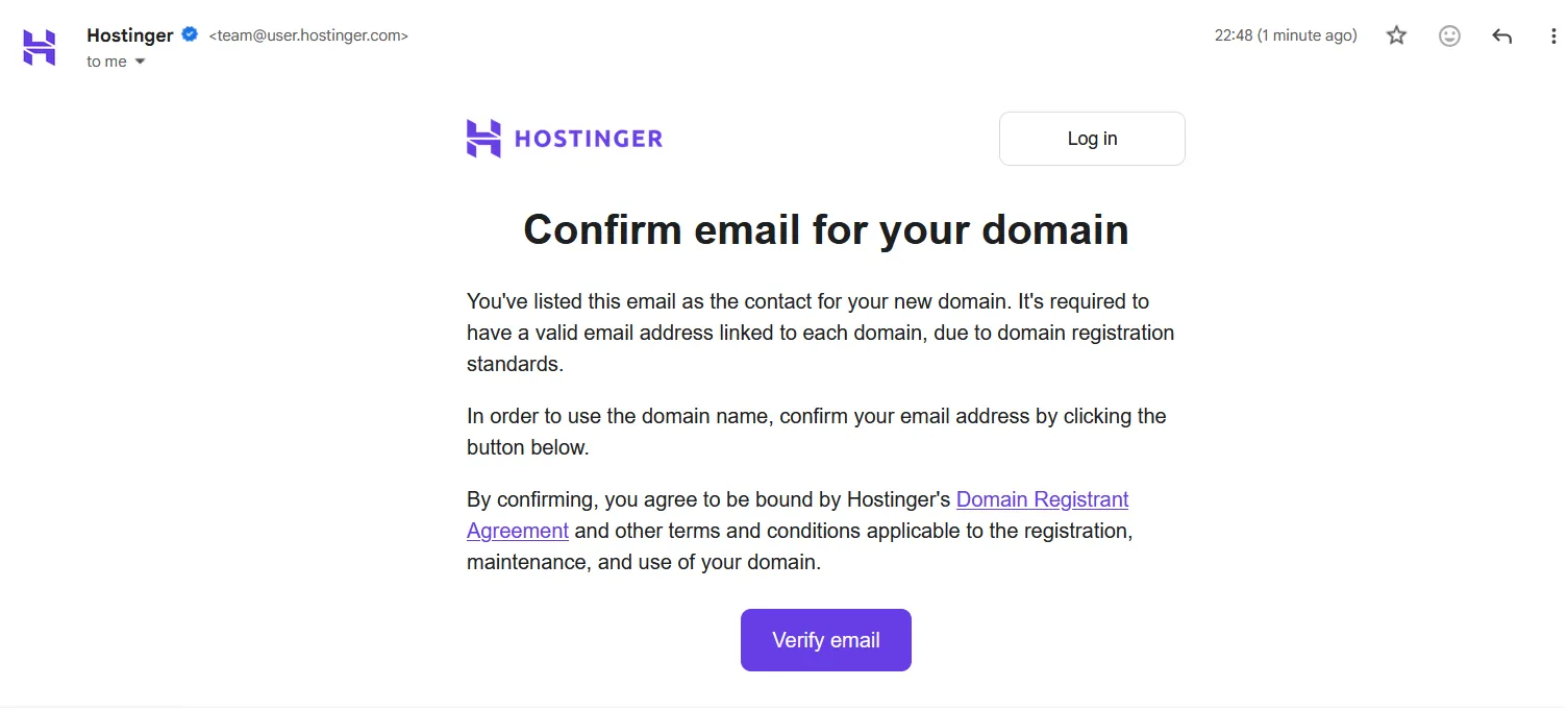 Email verification required to activate new .IN domain registration in Hostinger