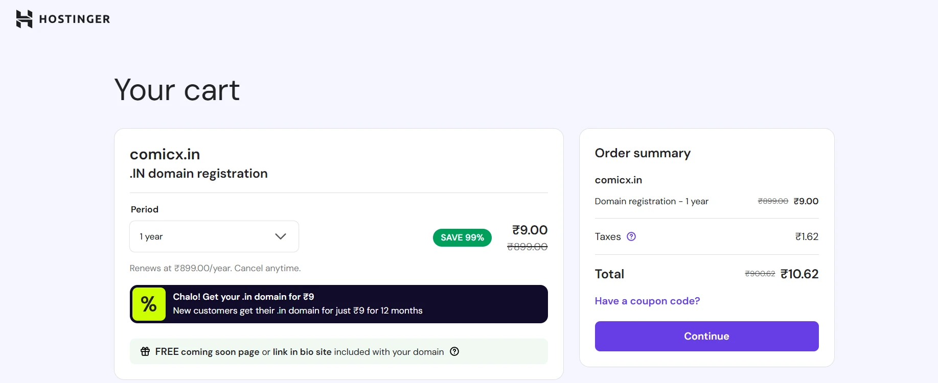 "Hostinger checkout page showing .IN domain registration for ₹9 plus 18% GST"