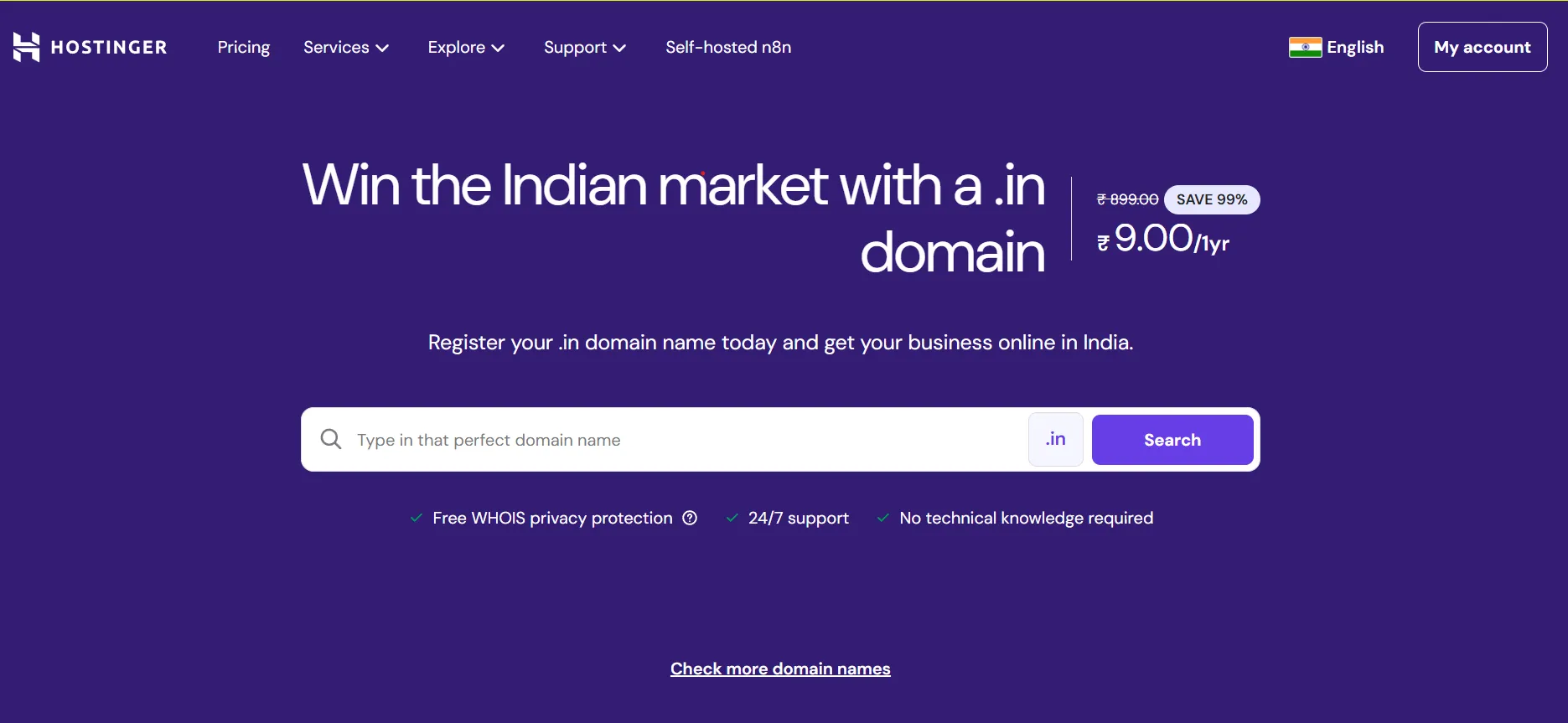 Searching for available .IN domain names on Hostinger India website