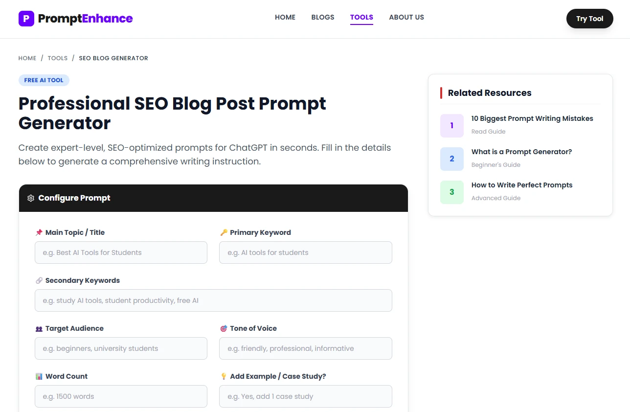 Step-by-step infographic explaining how blog post prompt generators transform basic ideas into professional SEO prompts in 4 simple steps