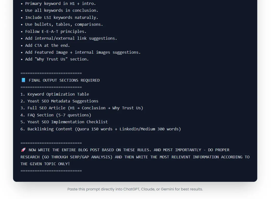 Boost your content strategy with a powerful blog generator AI free that delivers ready‑to‑publish articles in seconds. Unlock creativity using the best blog post prompt generator, designed to give you unique angles and engaging topics. If you’re searching for a blog post generator free option to save time, or a smart blog idea generator AI to inspire your next viral post, these tools are the perfect solution. Create SEO‑optimized blogs effortlessly and grow your online presence without stress.