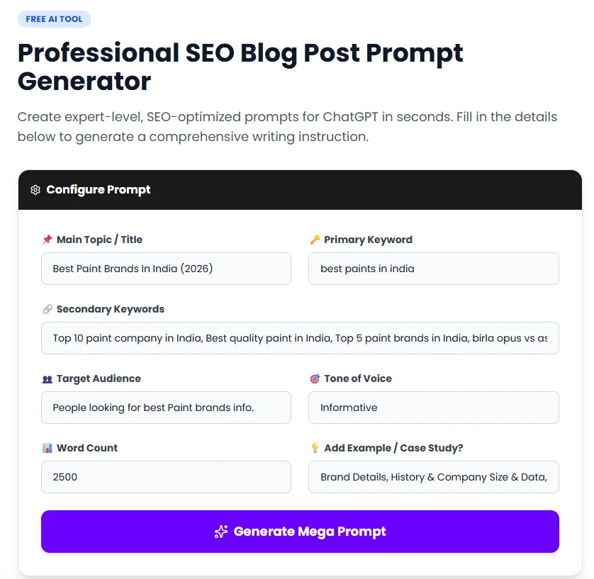 "Create high‑quality content faster with a blog generator AI free that saves time and effort. Discover the best blog post prompt generator to spark unique ideas and keep your writing consistent. Whether you need a blog post generator free for instant publishing or a creative blog idea generator AI to plan your next series, these tools make blogging simple, smart, and SEO‑ready. Perfect for digital entrepreneurs, marketers, and creators who want growth without the grind."
