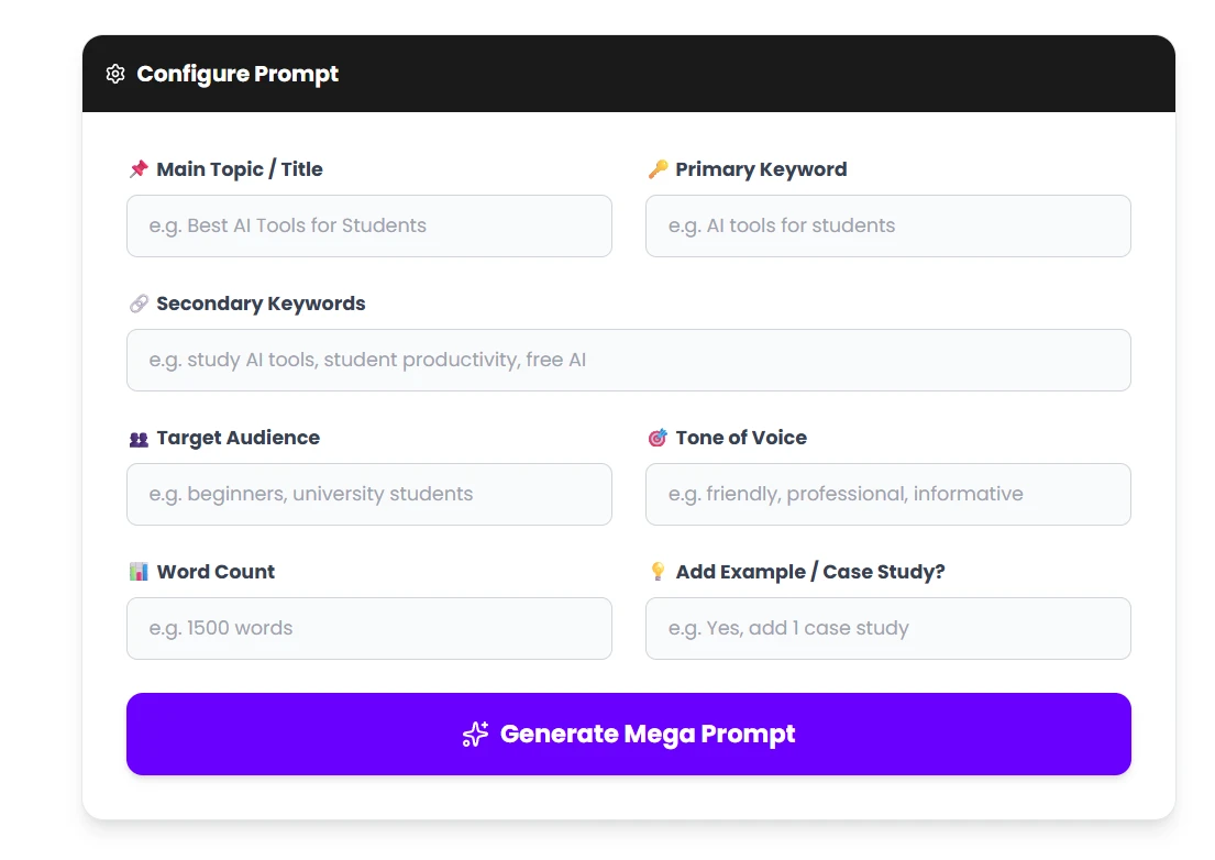 Looking for the ultimate way to create content effortlessly? Try a blog generator AI free tool that helps you craft engaging posts in minutes. With the best blog post prompt generator, you’ll never run out of fresh ideas tailored to your niche. Whether you need a blog post generator free solution for quick publishing or a smart blog idea generator AI to spark creativity, these tools make blogging faster, easier, and more effective. Perfect for entrepreneurs, content creators, and digital marketers who want SEO‑optimized articles without the hassle.