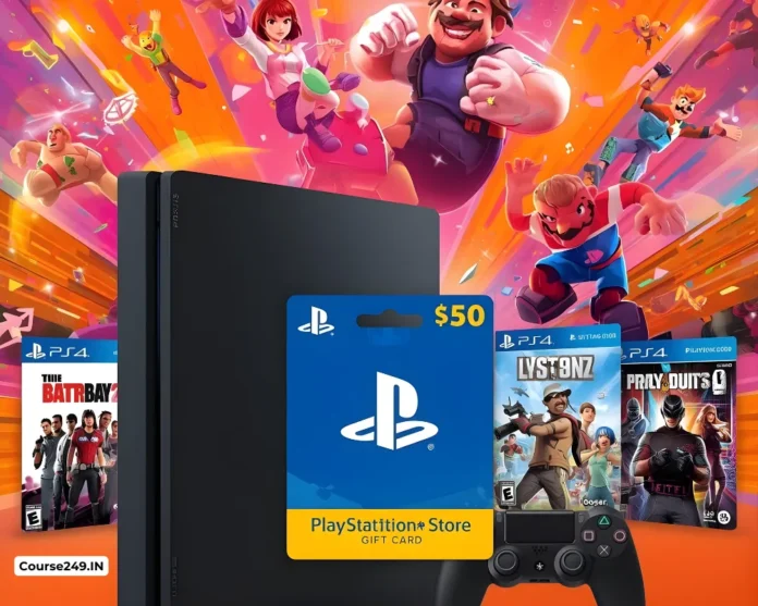 $50 PlayStation Store Gift Card with gaming console and game covers